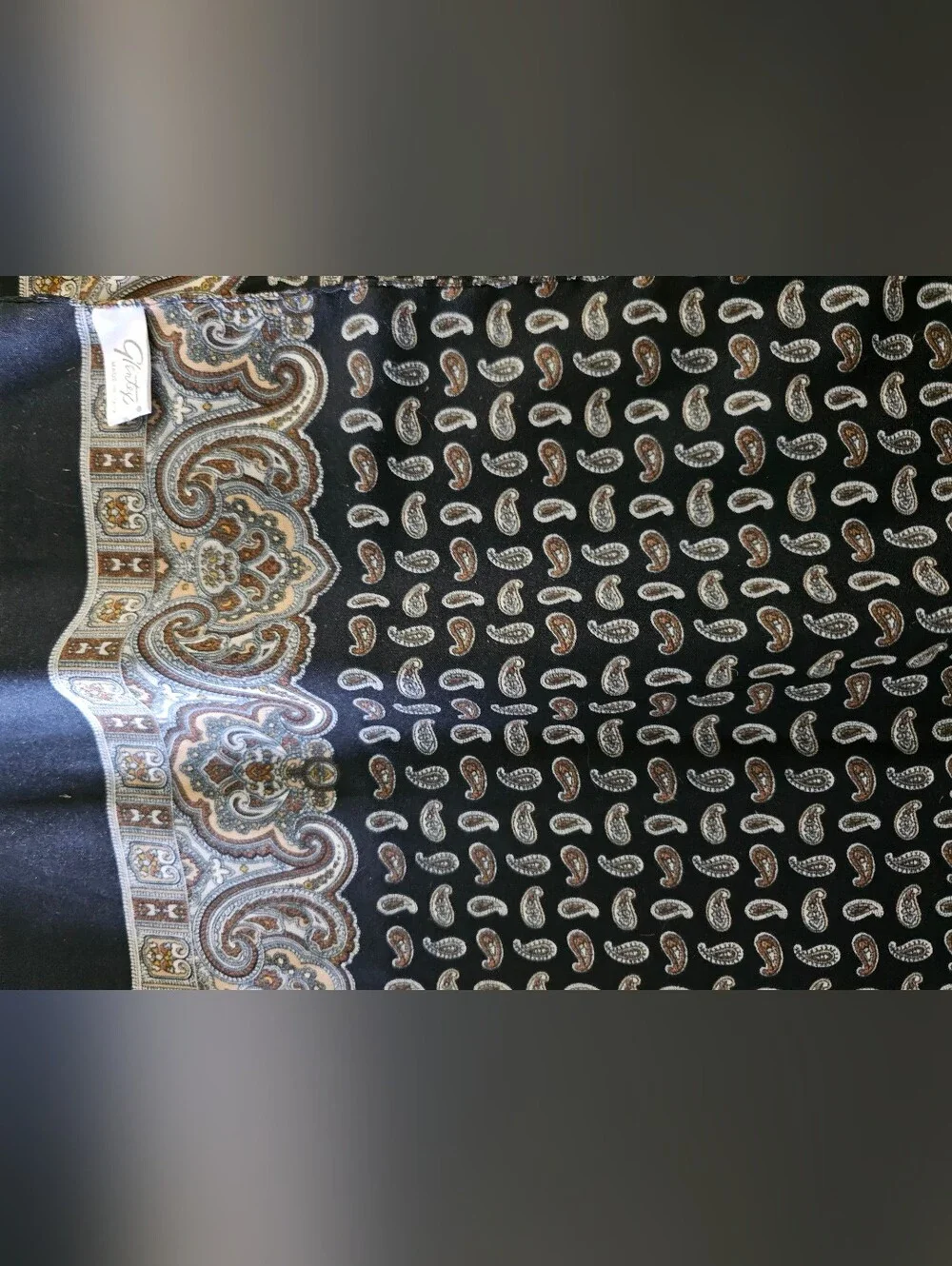 Black Paisley Silky Polyester Scarf with Brown & Cream Accents